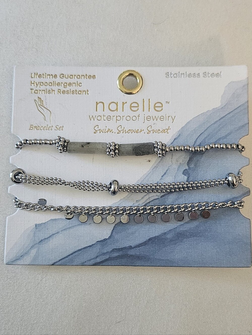 New W Tags Narelle Waterproof Stainless Steel 3 Set Bracelet Silver /Grey Beads